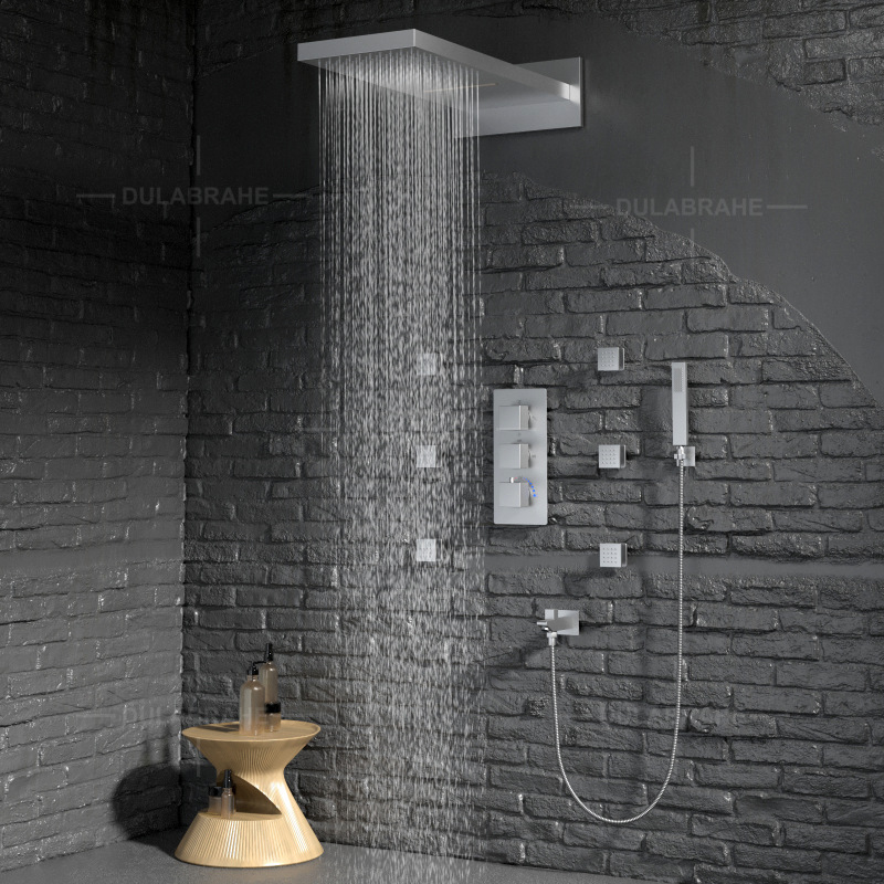 Bathroom Concealed Ceiling-Mounted Shower Set with Wall-Mounted Showerhead, Brass Thermostatic Valve Body for Cross-Border Export