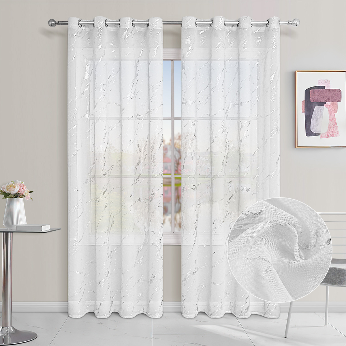 Cortina de gasa semitransparente perforada con pantalla de ventana de mármol plateado multi-doli, éxito de ventas transfronterizo de TEMU con entrega inmediata.