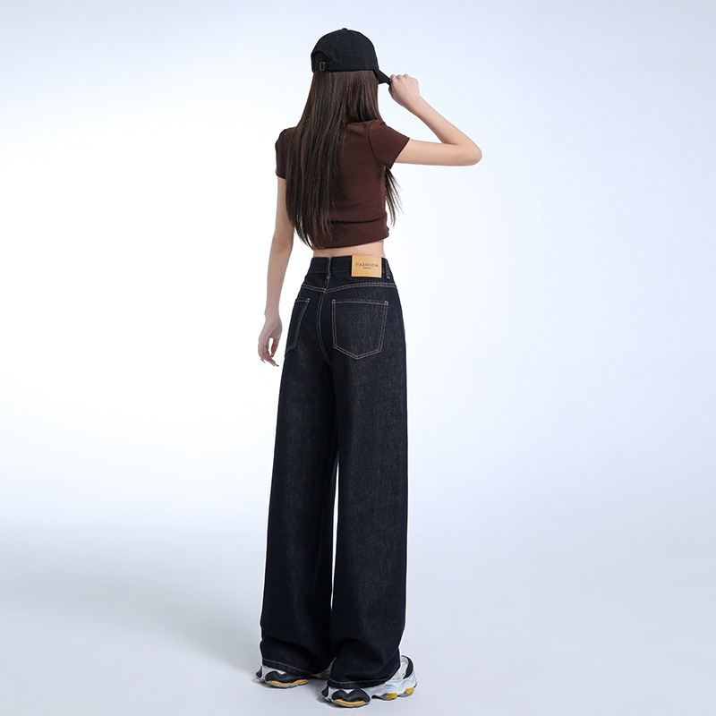 丹寧藍原色広脚ジーンズ女性2025春夏新作高腰曲刀広脚ズボン|undefined