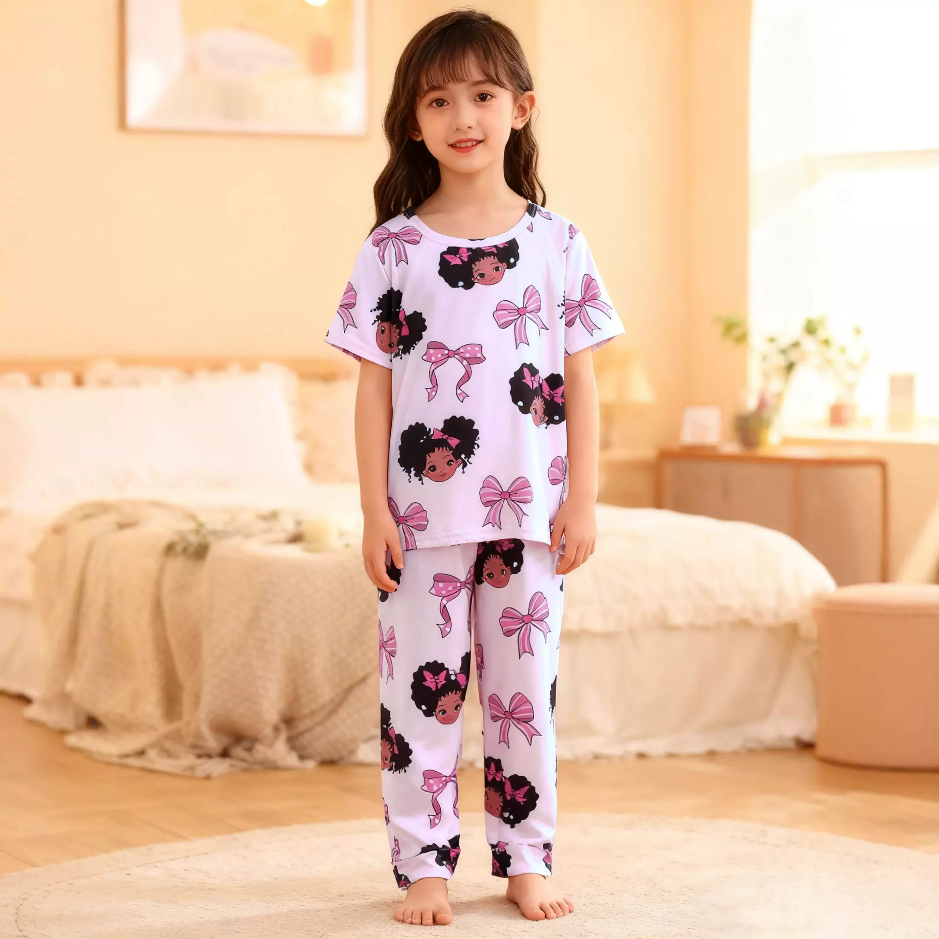 跨境新款儿童睡衣卡通印花宽松休闲短袖长裤可外穿家居服套装批发