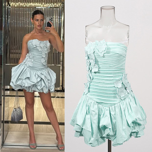 薄荷綠抹胸禮服2025夏季新款立體花朵褶皺收腰蓬蓬裙名媛風連衣裙