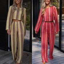 跨境外贸欧美女装长袖长裤两件套圆领钩花针织亚马逊独立站女3051