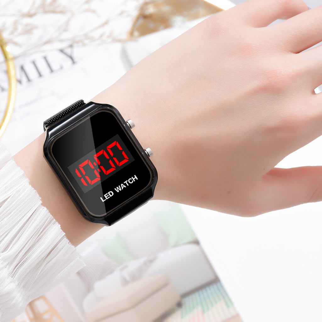 Hot selling push-button electronic watch student sports personality magnet buckle mesh belt led watch_voghion.com