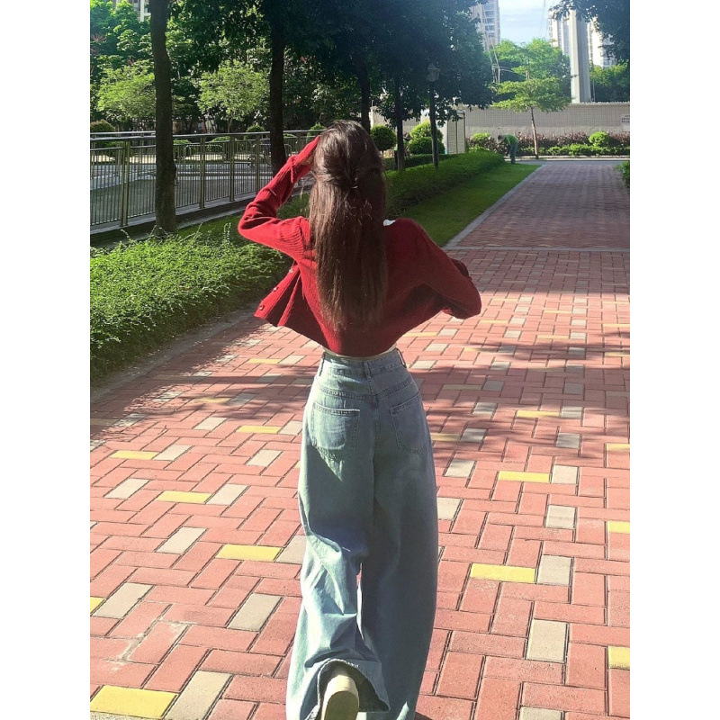 簡約韓版牛仔闊腿褲女秋季新款高腰寬鬆顯瘦遮肉高街微喇闊腿褲潮