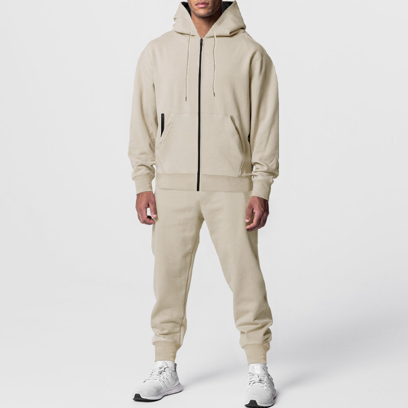 Herbst Winter Herren einfarbig Langarmhose mit Kapuze Sport Casual Fleece warm und bequem Anzug_voghion.com