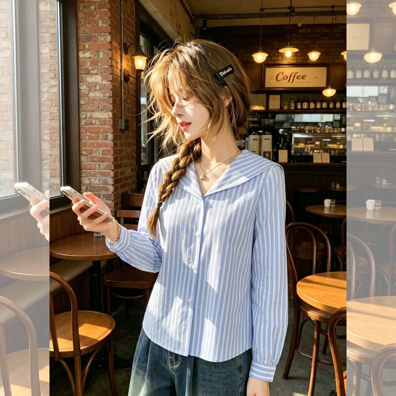 Light Blue Loose Shirt for Women 2026 Summer Navy Collar Sun Protection Dopamine Style Casual Stylish Top