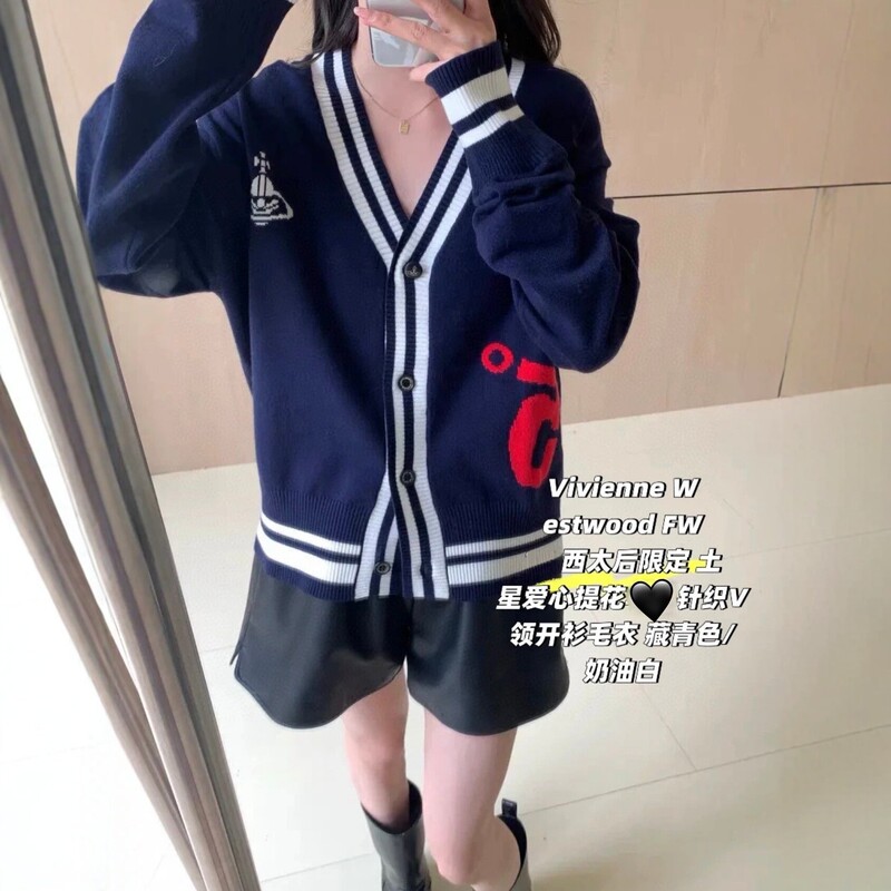 Vivienne Westwood knitted cardigan for women, new autumn V-neck sweater, college style, color-blocking jacquard, couple's style
