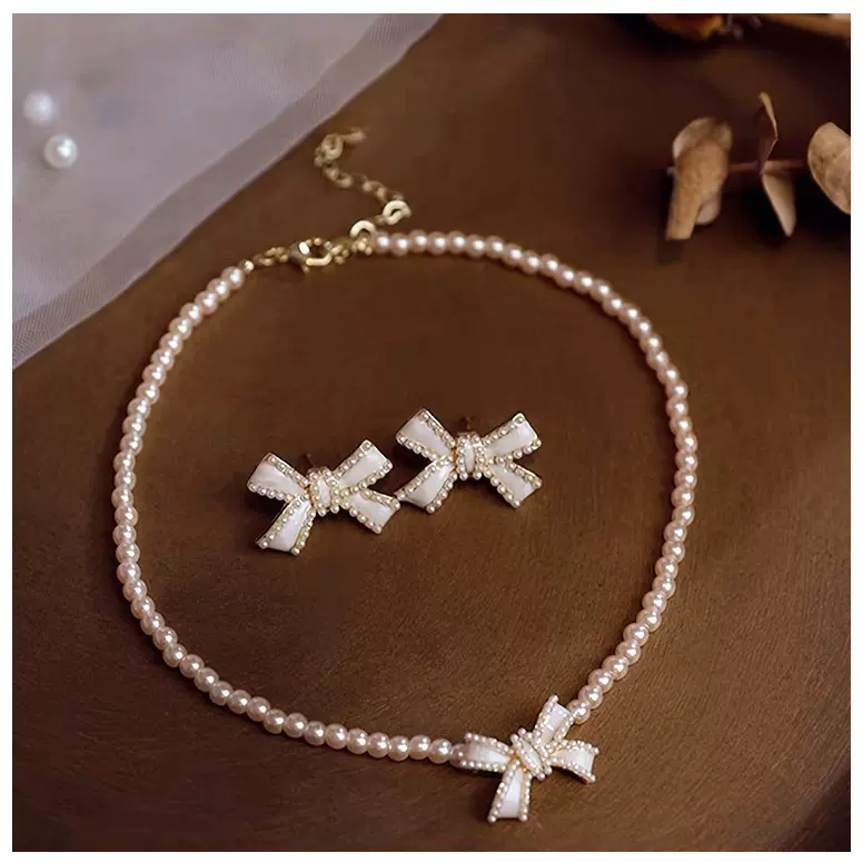 蝴蝶结珍珠项链  儿童项链两件套 儿童饰品现货代发白色精致配饰