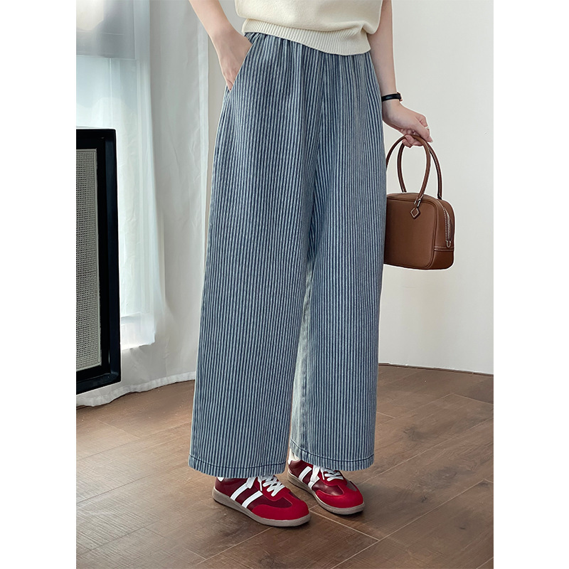 Taogawa Vertical Stripe Soft Wide Leg Jeans Women's Casual All-match Elash Waist Slimming Casual Trousers 2591