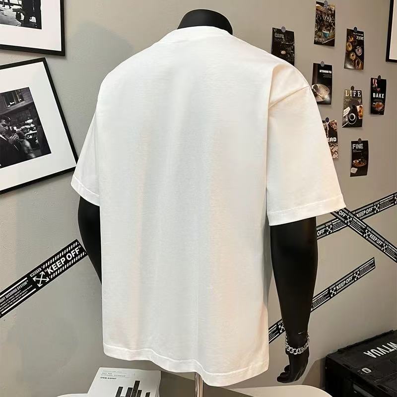 2025 pesado pequeño cuello europeo y americano hombro caído camiseta de manga corta hombre de color sólido casual pareja casual in-sleeve top