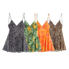 Z速売通2025春新作婦人服プリント絹網vネックストラップショートワンピース5039132