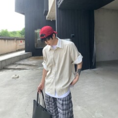 韩系简约假两件双层领长袖衬衫男春秋新款街头休闲垂感衬衣老钱风