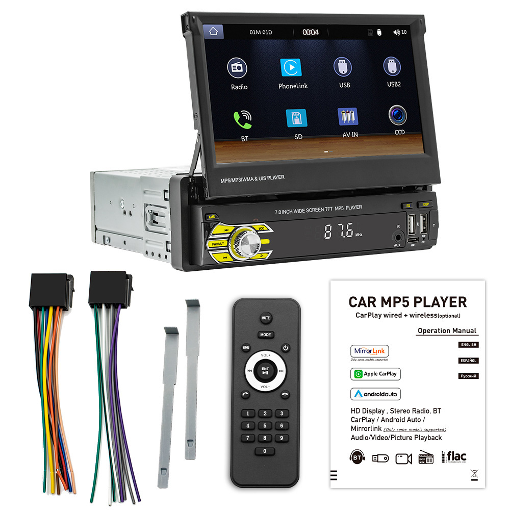 7inch Single-Spindle Wireless Carplay Manual Retractable Screen Car Mp5 Player Bluetooth Reversing Central Control Radio