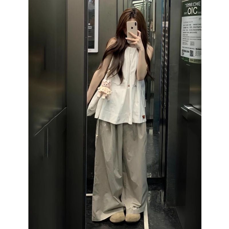 韓国風年齢軽減カジュアルスポーツスーツ女性用夏デザインニッチノースリーブシャツワイドレッグパンツ2点セット|undefined