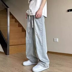 アイスシルクジーンズメンズ夏薄いアメリカンハイストリートバイブウォッシュリッピングトレンディブランドルーズストレートカジュアルパンツ