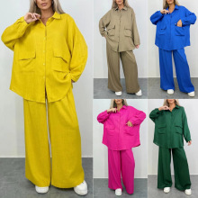 亚马逊爆款2025秋冬季跨境新款外贸女装长袖衬衫宽松裤子两件套装