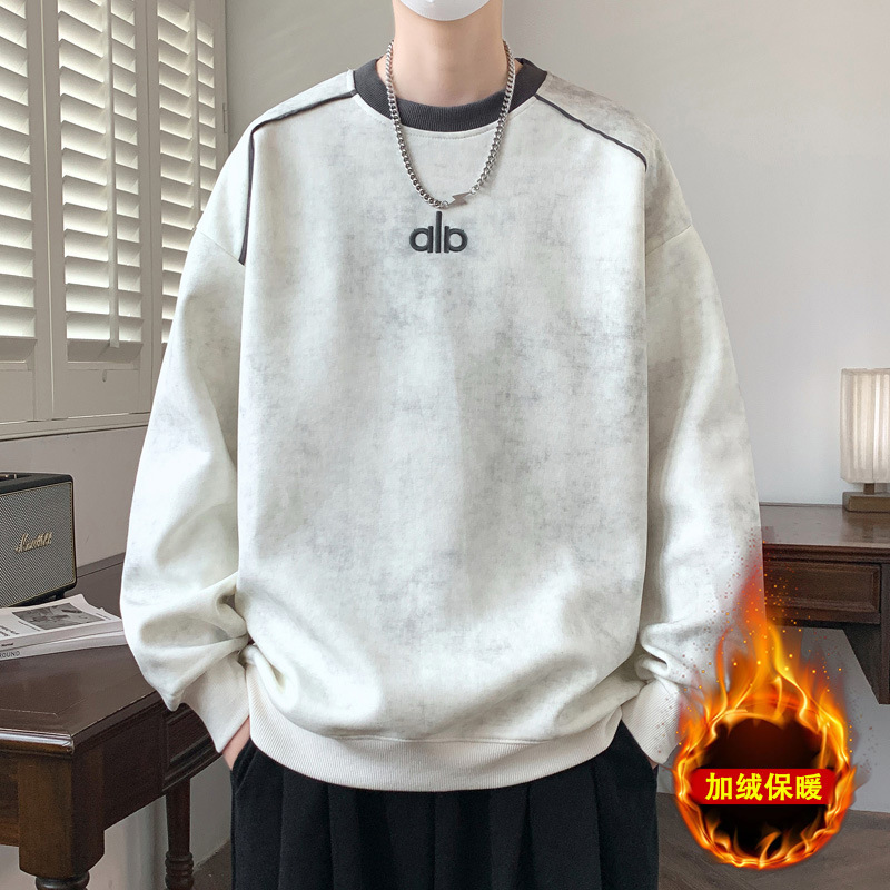 Tie-Dye Sweatshirt for Men, Autumn and Winter, Simple and Trendy Long-Sleeve T-Shirt for Teenagers, Hong Kong Style, Fleece-Lined Inner Layer Base Shirt