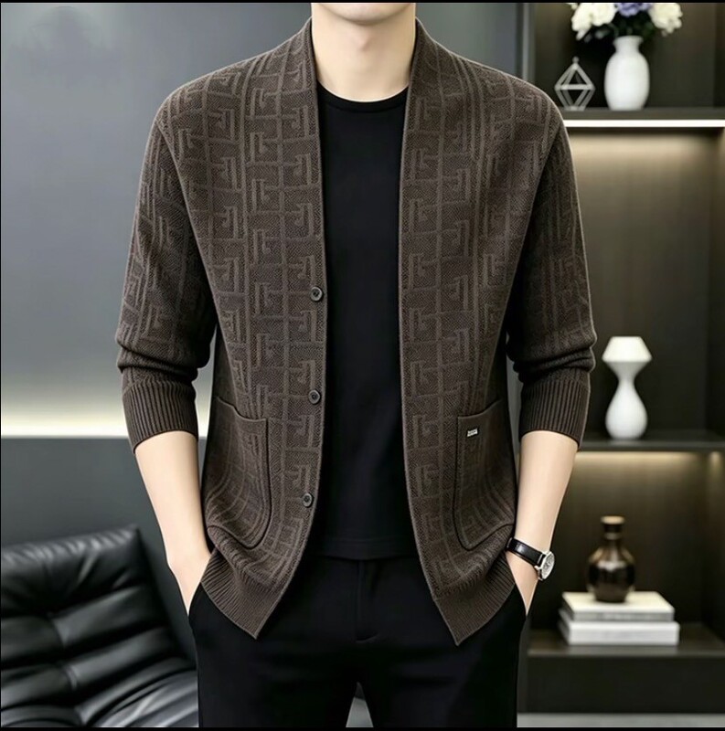 TikTok knitted sweater cardigan for men, spring and autumn wear, jacquard pattern, fashionable and elastic, loose fit for middle-aged and young adults TikTok knitted sweater cardigan for men, spring and autumn wear, jacquard pattern, fashionable and elastic, loose fit for middle-aged and young adults