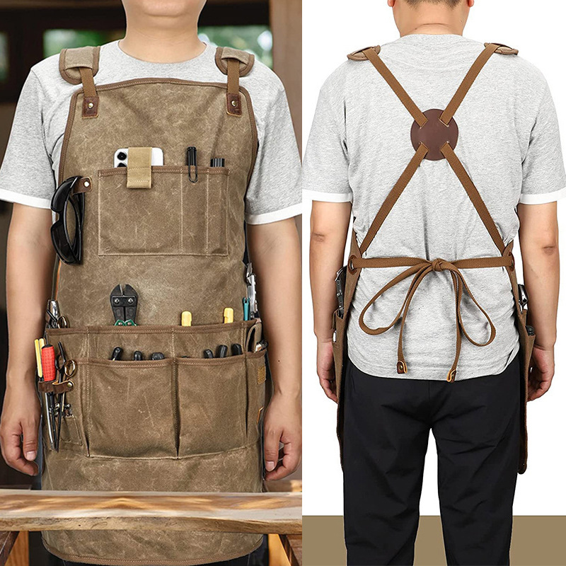 Delantal de lona gruesa transfronterizo con logotipo personalizado, ropa de trabajo de carpintería hecha a mano, pantalones con bolsillo con solapa estéreo de doble capa, delantal de herramientas al por mayor