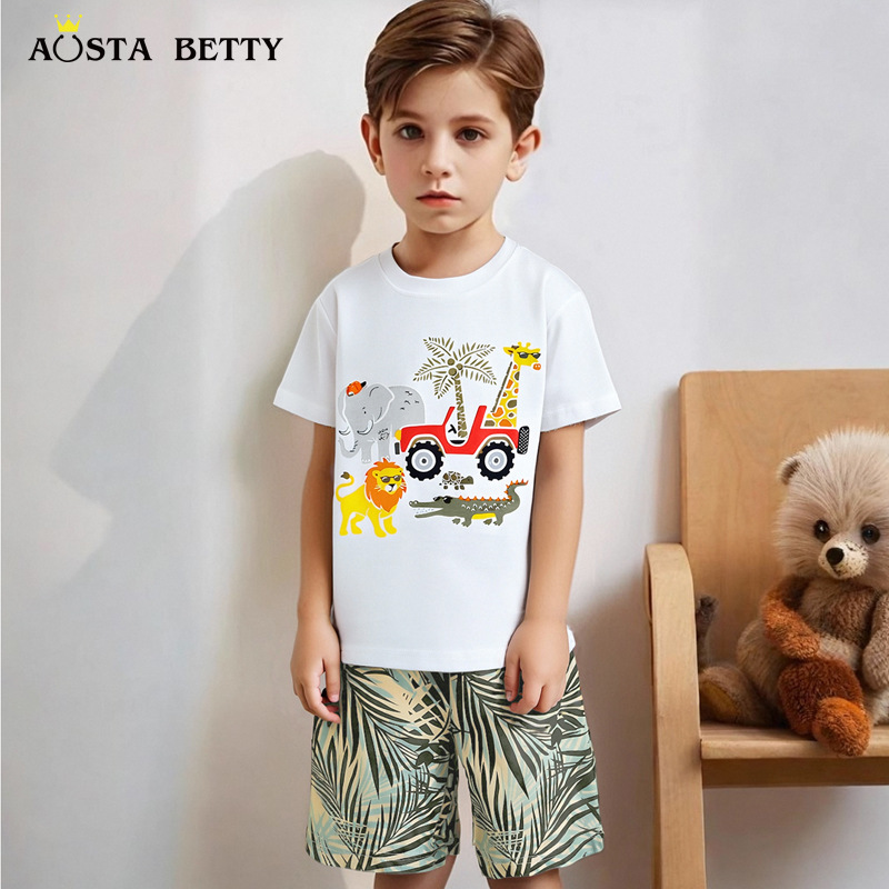 Summer 2025 Boys' suit European and American Style Printed Children's Short-sleeved Two-piece Set Children's Cotton Pullover Top