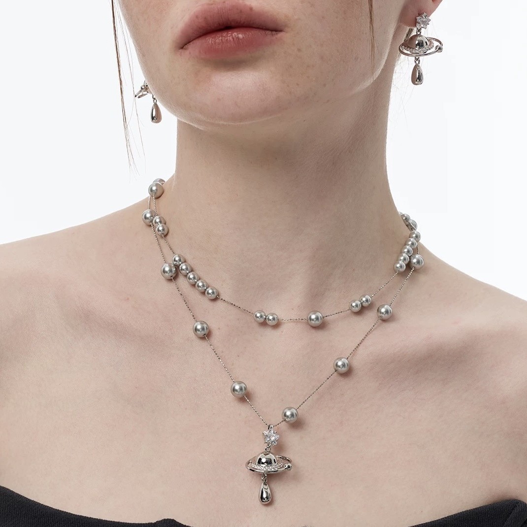 planet pearl double layer twin necklace female special-interest design high sense necklace clavicle chain light luxury accessories wholesale