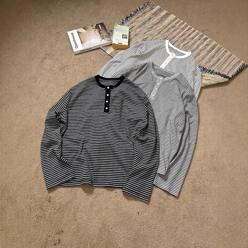 Black and White Striped Henry Collar Long-Sleeve T-Shirt for Men, Autumn High-End Stylish Polo Shirt, Old Money Style Base Layer Shirt