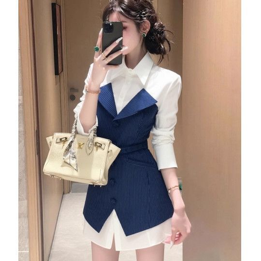 Formal Workplace Attire, Beautiful and Minimalist Style, Very Attractive, Unique Design, Striped Faux Two-Piece Shirt Dress for Autumn