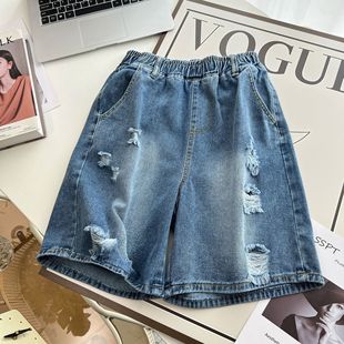 115kg Fat Sister Summer Plus Size Women's New Fashion Ripped Denim Quarter Pants Casual Easiest for Match Shorts 3690