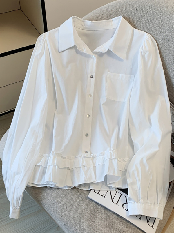 自留款推荐~2025春秋款冰岛蓝长袖衬衫女翻领宽松边拼接衬衣|undefined