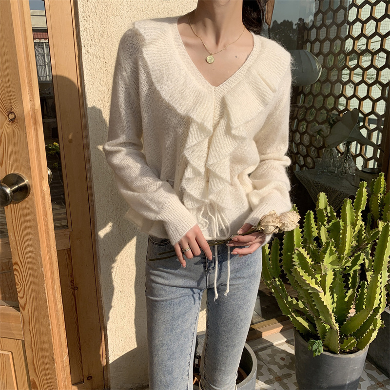 [Homemade Real Shot] High Proportion Mohair Sweater Women's Elegant Ruffled Wool Knitwear Spring and Autumn New Thin