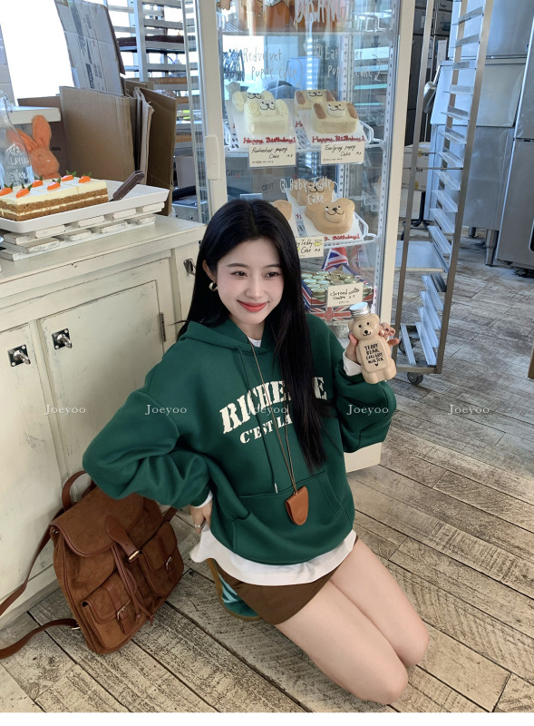 Joeyoo李乔优 连帽卫衣女装秋季韩系慵懒风字母绿色帽衫宽松上衣|undefined