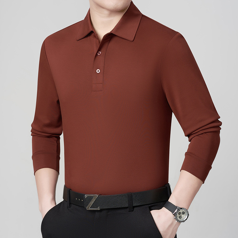 High-end, stylish, long-sleeved polo shirt for men, suitable for middle-aged fathers, with a simple and casual design, perfect for business or everyday wear, made from fashionable mulberry silk