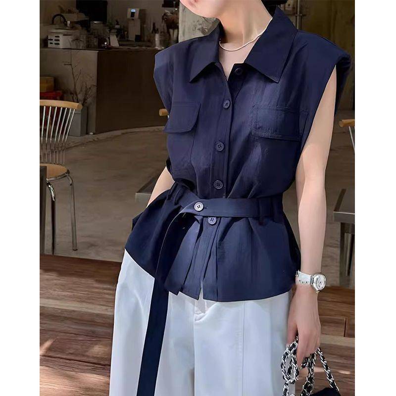 French Style Collar Sleeveless Shirt for Women 2025 New Summer High-End Waist Tie Design Top