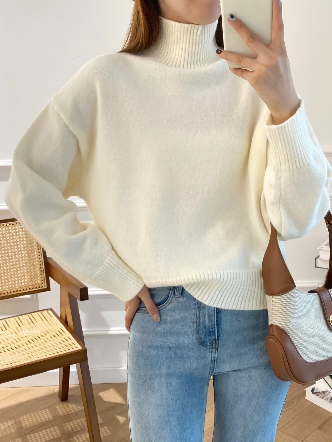 solid color high-necked long-sleeved pullover slim-fit knitted sweater NSAM139077