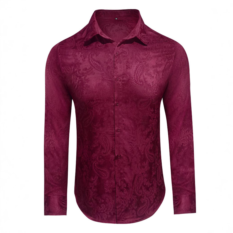 2025 Cross-Border Amazon Men's Silk Satin Shirt Long Sleeve Jacquard Paisley Party Prom Wedding Shirt