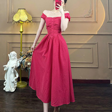 【树莓少女】一字肩红色格子连衣裙女夏复古法式气质裙子