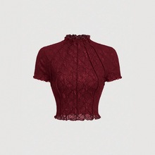 ZT6626 蕾丝立领短袖T恤女修身气质新款上衣