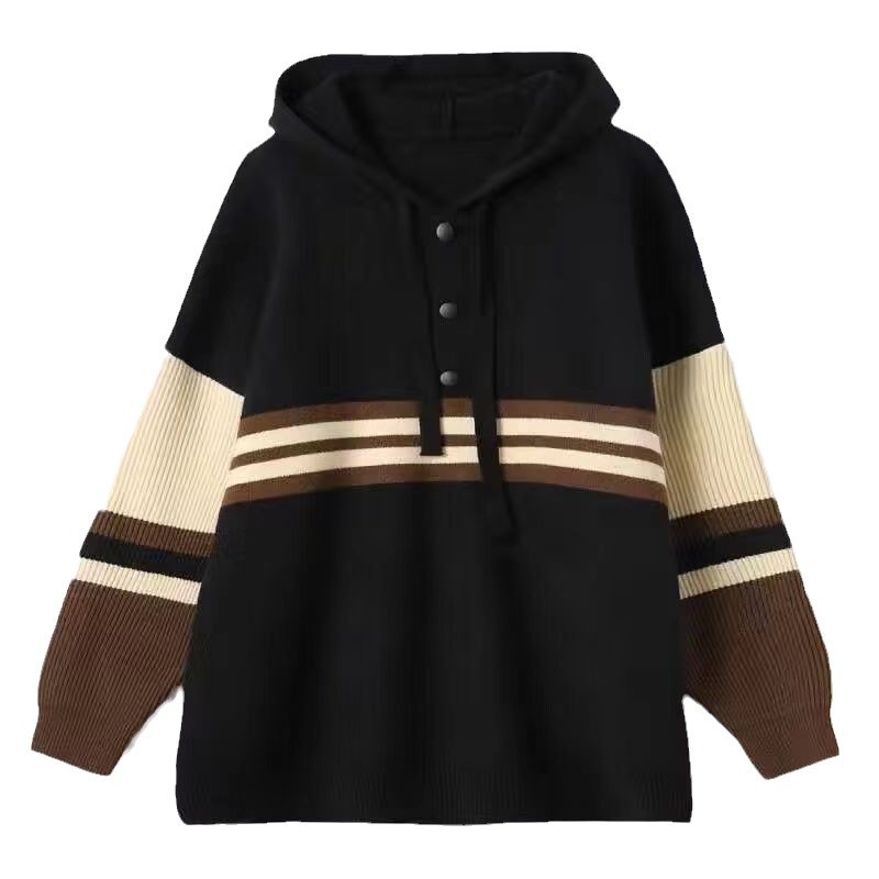 【 Famiglia Cashmere 】 Maglione da donna in lana a righe europee, versione coreana, con cappuccio largo, strato interno in maglia spessa_voghion.com