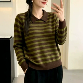 polo领条纹撞色毛衣女2026秋冬新款宽松显瘦软糯长袖针织衫上衣