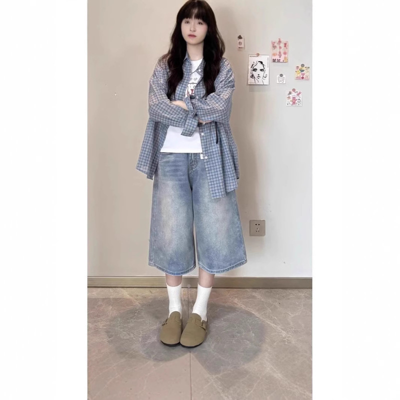 Washed Light Blue Cropped Denim Shorts for Women Summer New High-Waisted Loose Wide-Leg Slim Casual Straight Pants