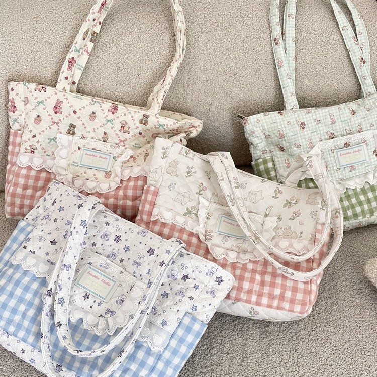 511142 Cute Lace Plaid Stitching Canvas Bag for Women 2025 New Fashion Casual Commuter Tote Bag