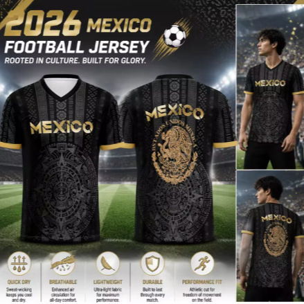 Black short-sleeved Polo shirt, featuring gold cuffs and a classic Aztec calendar pattern