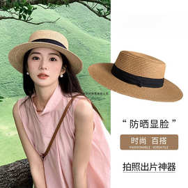 2025新款法式平顶草帽女大头围海边沙滩礼帽编织防晒太阳帽子夏季