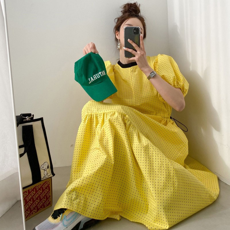 Korean chic Age-reducing Lemon Yellow White Contrast Wave Dot Drawstring Tight Waist Slimming Puff Sleeve Dress Women's Long Dress