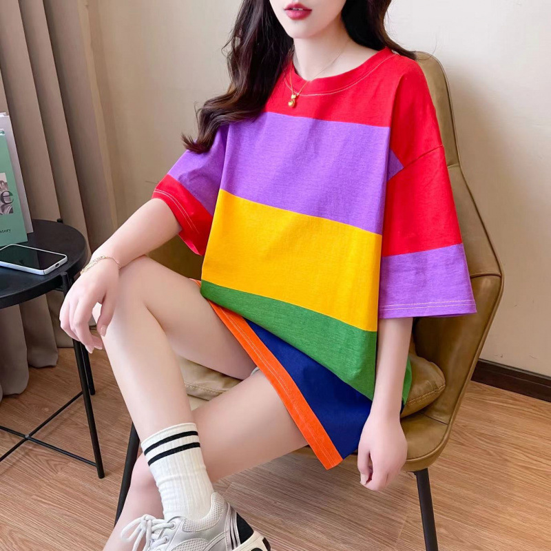 Plus size 80kg short-sleeve fashion loose rainbow striped summer dress for plus-size women, mid-length T-shirt with three-quarter sleeves