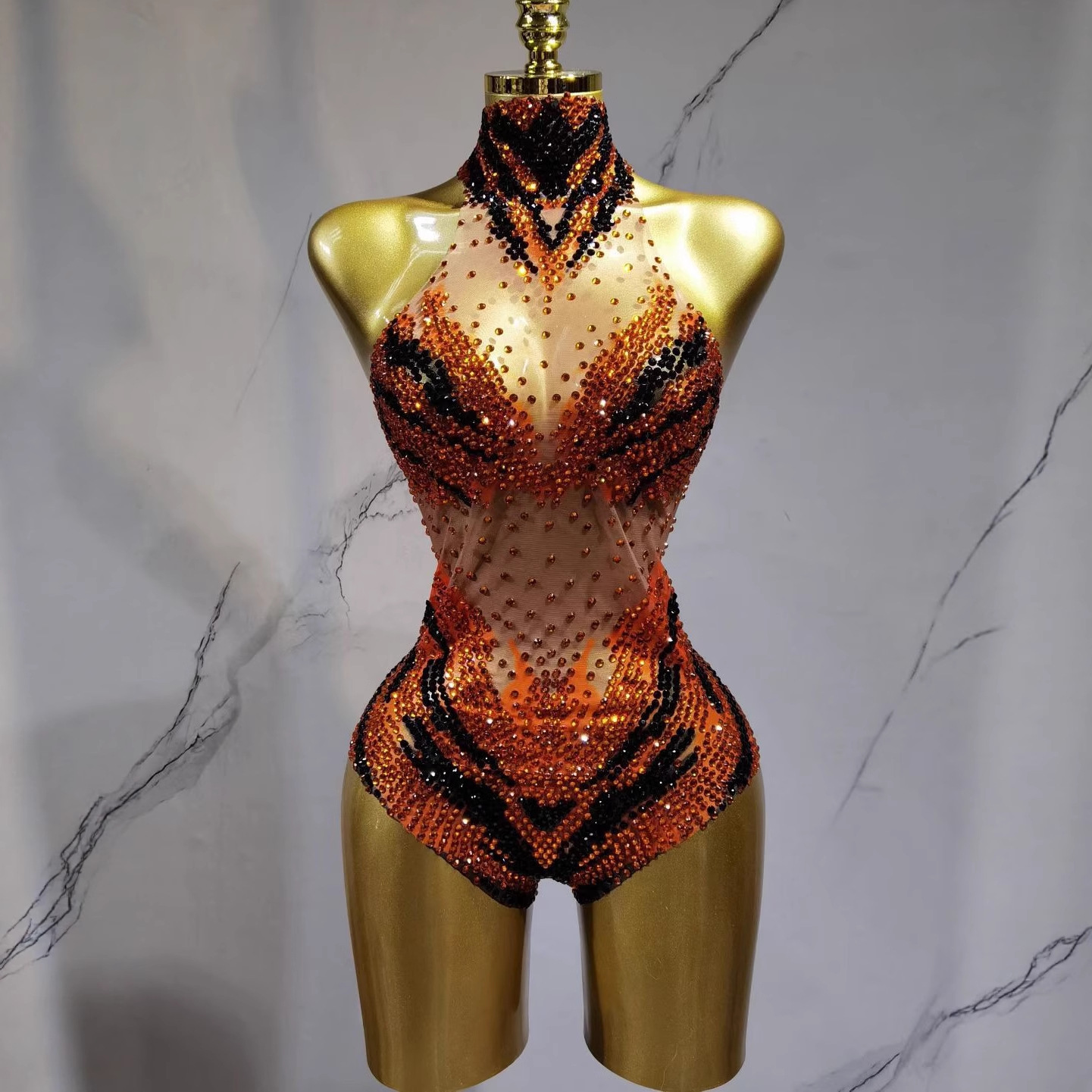 Golden Tight-Fitting One-Piece Triangle Pants Future Warrior Party Performance Outfit Female Group Stage Outfit Futuristic Nightclub European and American Style