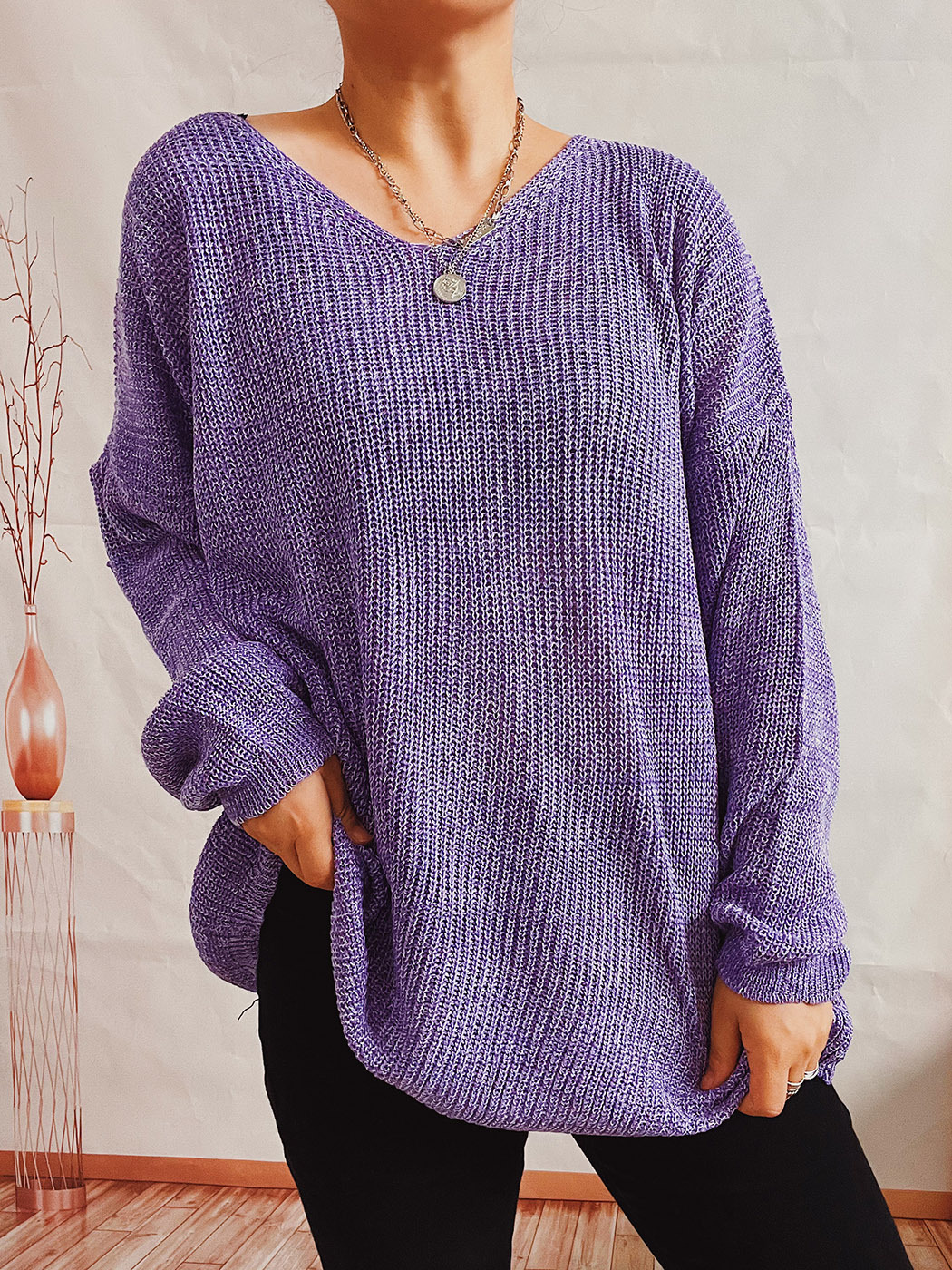 Damen Herbst und Winter neue Damenbekleidung einfach locker einfarbig großer V-Ausschnitt langärmeliger dünner Strickpullover Pullover_voghion.com