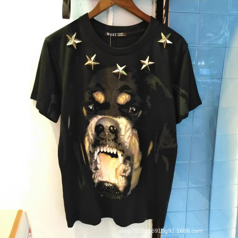American-Style Trendy Brand Influencer T-Shirt with Trendy Ins-Style Big Yellow Dog Head 3D Print and Gold Star Pentagram for Young Couples American-Style Trendy Brand Influencer T-Shirt with Trendy Ins-Style Big Yellow Dog Head 3D Print and Gold Star Pentagram for Young Couples
