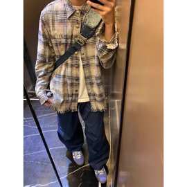 春秋季格子衬衫男生外套宽松青少年韩版潮流痞帅长袖衬衣加厚上衣
