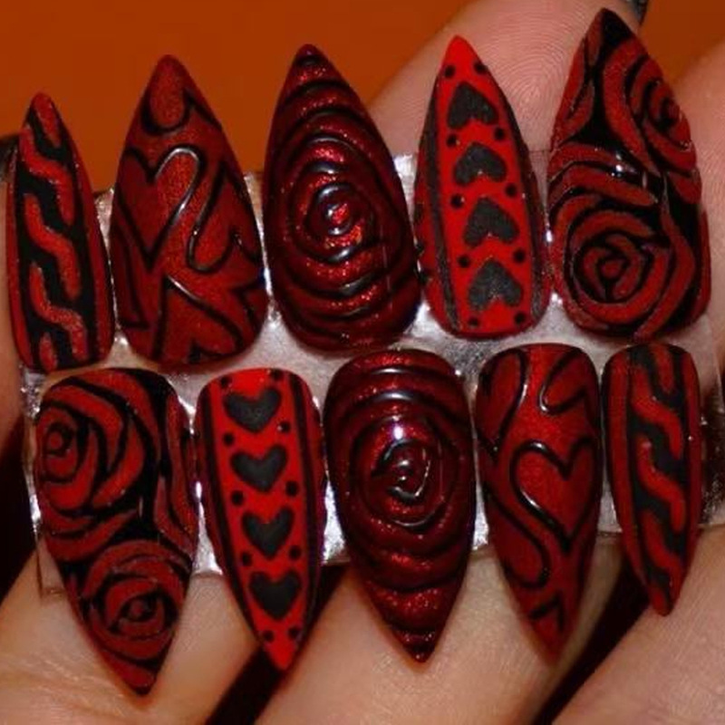 30 Semi-Handmade Red Cat-Eye Black Heart Rose Design Valentine's Day Wearable Nail Art Nail Pieces
